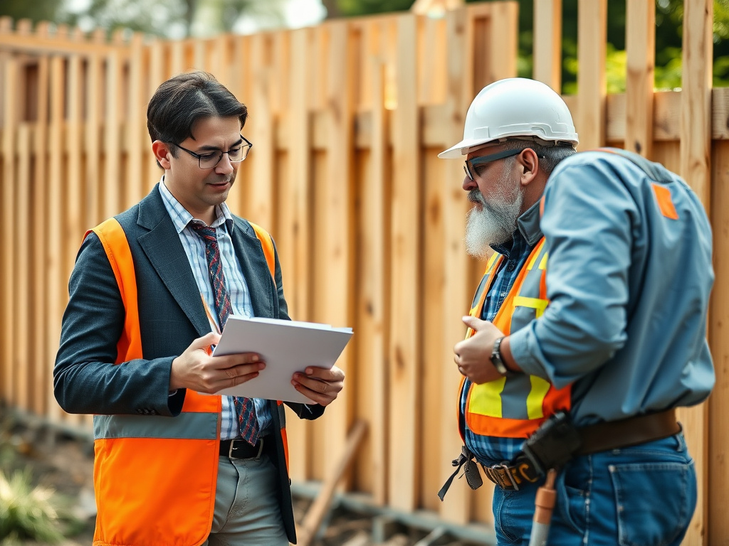 Fencing insurance advisor reviewing a policy with a contractor on a job site
